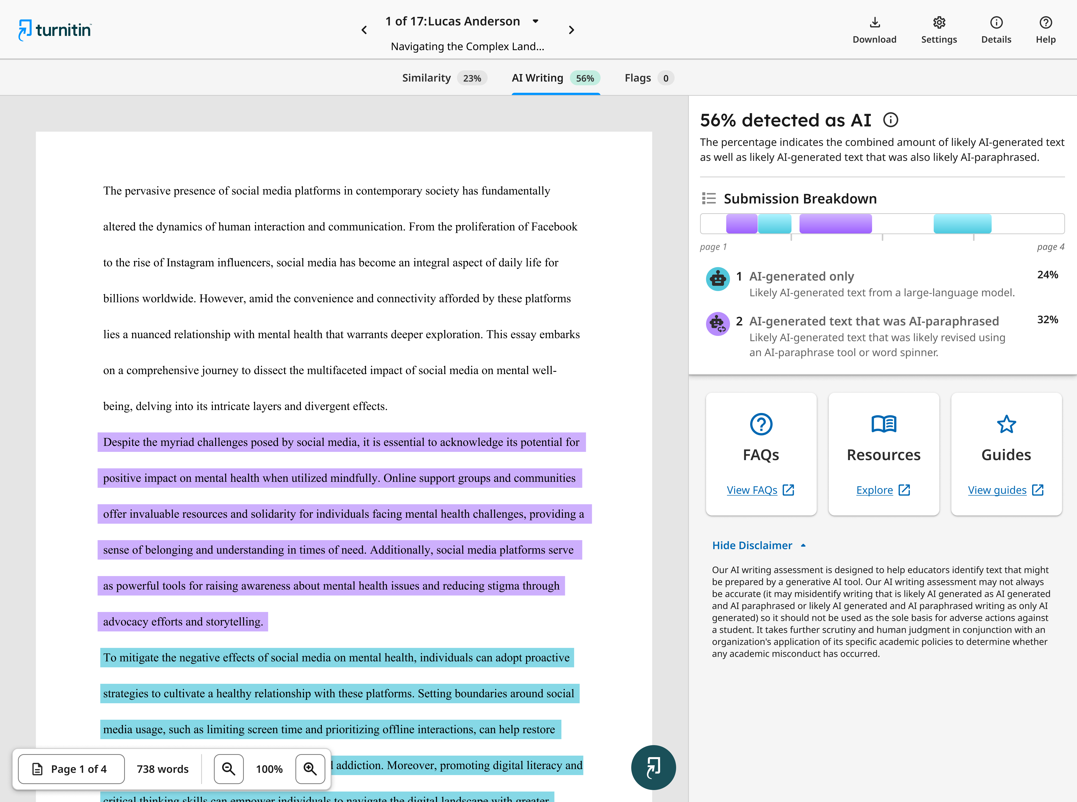 An example report from Turnitin showing what a returned AI report looks like. 